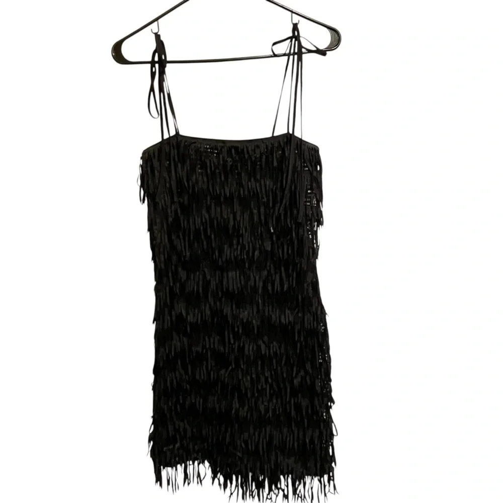 Zara Black Sequined Fringed Spaghetti Strap Mini Dress Lined Black Size Small